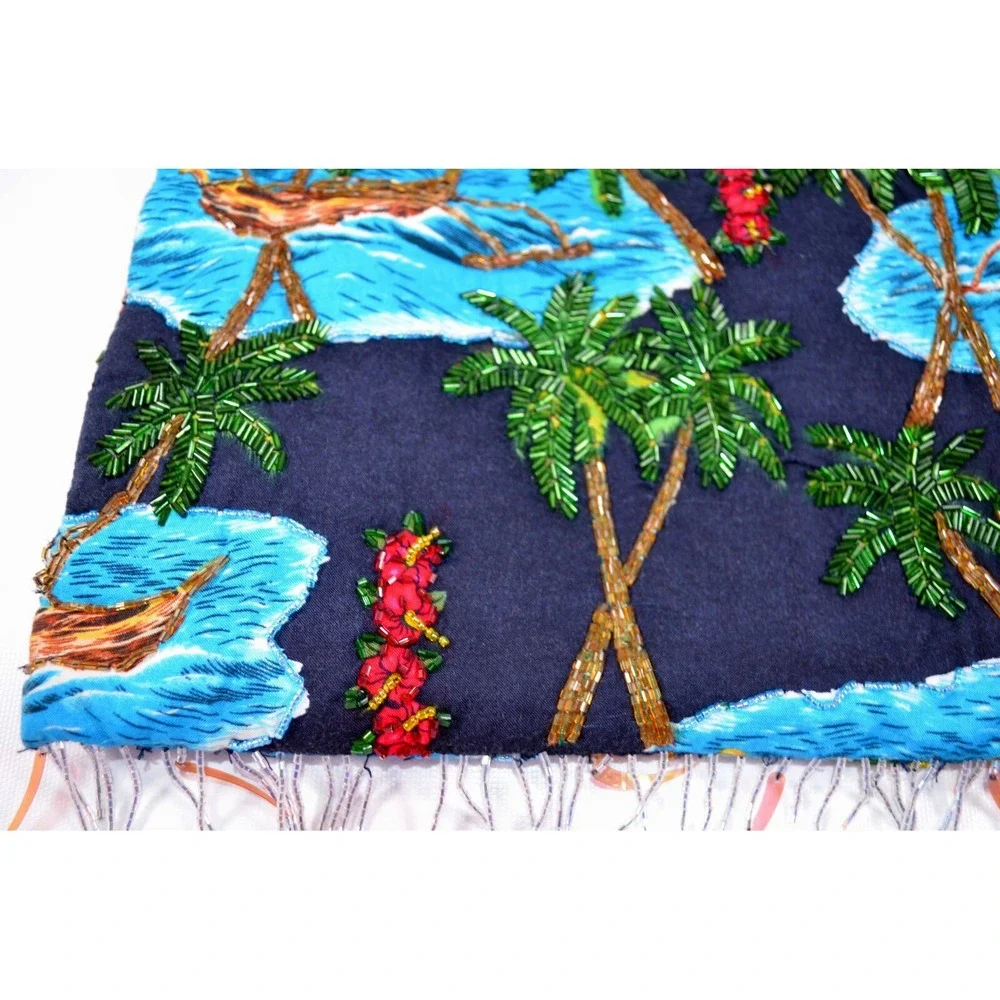 Hawaiian Purse Double Bamboo Handles Hibiscus‎ Floral Catamaran Beaded Fringe